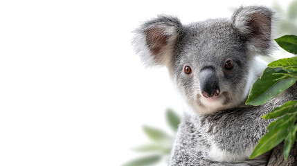 Obraz premium Close-up of a koala perched on a branch surrounded by green leaves in a natural setting