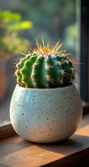 Cactus in Pot with Window Sunlight.