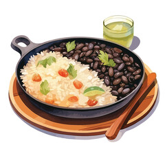 traditional Mexican dish with beans cute watercolors illustration on white background