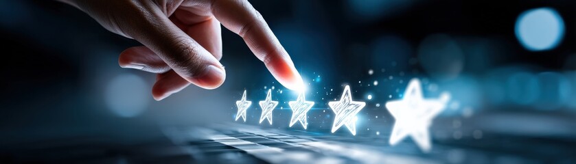 A hand giving a five-star rating on a digital screen, symbolizing high quality and customer feedback.