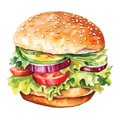 vegetarian burger made with fresh vegetable  cute watercolors illustration on white background