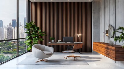 Bright Modern Office Interior Design with Stylish Furniture and City Skyline View