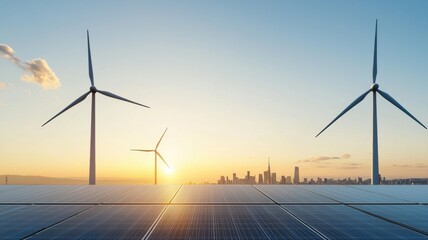 Renewable Energy Sources: Wind Turbines and Solar Panels at Sunset wind turbine solar panel sunset