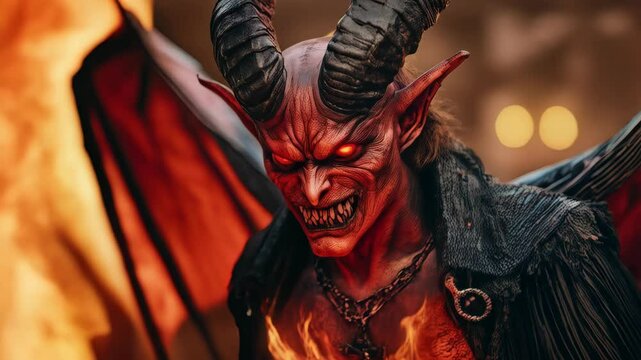 Terrifying red demon creature with large curved horns, glowing red eyes, sharp teeth, leathery wings, and flames rising in a dark setting
