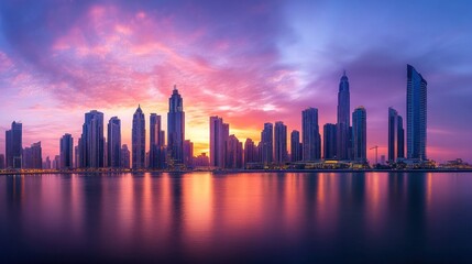 Obraz premium A breathtaking city skyline at sunrise. Modern skyscrapers reflected in a calm body of water, framed by a vibrant sunrise