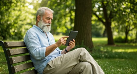 Fototapeta premium Older man with white beard and grey hair sits on a park bench outdoors, engrossed in using a digital tablet on a sunny day.