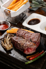 Beef steak on a hot stone plate
