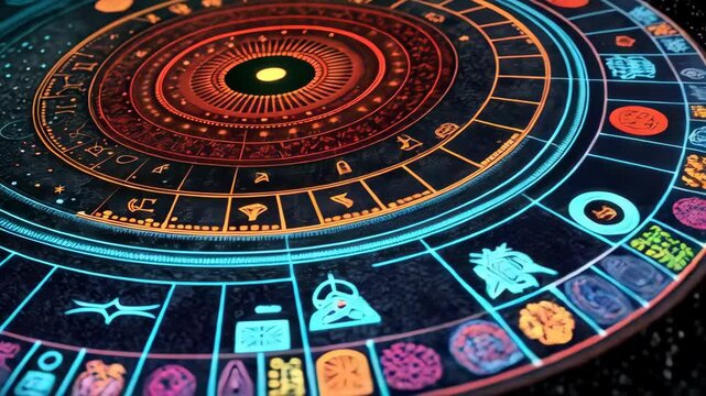 Mystical zodiac wheel with astrological symbols in shades of red, orange, and blue casting a soft glow, ideal for spiritual content.