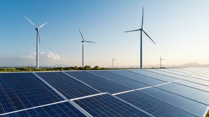 Renewable Energy: Solar Panels & Wind Turbines Under Clear Blue Sky solar panel wind turbine ecology
