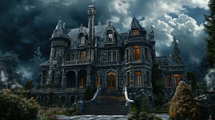 Obraz premium Gothic Mansion Under Stormy Sky