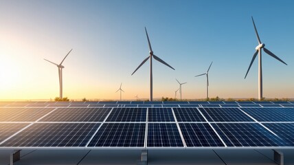 Renewable Energy Landscape: Solar Panels and Wind Turbines at Sunset solar panels wind turbines sky