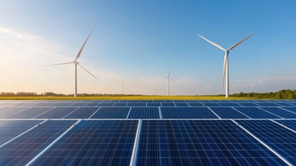 Renewable Energy Landscape: Solar Panels and Wind Turbines solar panels wind turbines clean energy