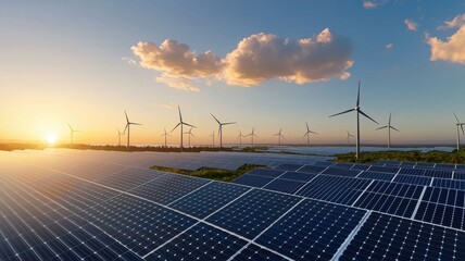 Renewable Energy Landscape: Solar Panels and Wind Turbines at Sunset solar panels solar farm sunset