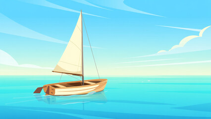 A serene and picturesque illustration of a small wooden sailboat with a cream-colored sail gently floating on a calm, turquoise sea. The sky above is a soft blue with wispy white clouds.