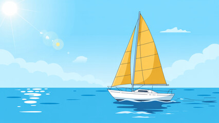 Fototapeta premium A cheerful and bright illustration of a white sailboat with vibrant yellow sails gliding on a calm, turquoise sea. The sun shines brightly in the upper left corner, casting a shimmering reflection.