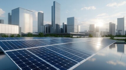 Modern Cityscape with Solar Panel Array, Sustainable Energy solar panels cityscape renewable energy