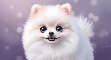 Obraz premium Adorable White Pomeranian Puppy Dog with Big Blue Eyes Smiling Portrait
