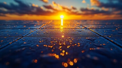 Vibrant Sunset Over Wet Pavement Reflecting Golden Light