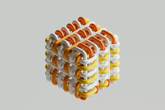 3D woven cube made of interconnected colorful loops