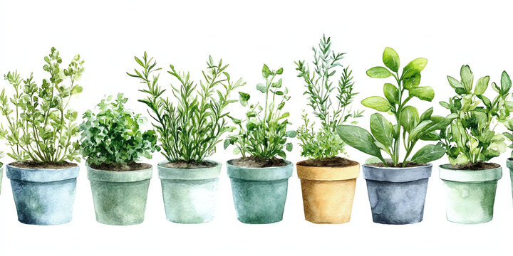 Watercolor Herb Pots Row Garden Decor