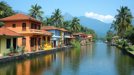 Fototapeta premium Colorful houses lining a canal in a tropical landscape.