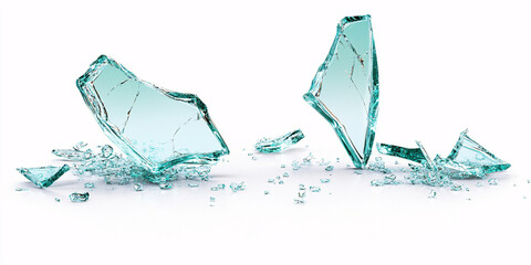 Image of broken glass shards scattered on a white background.