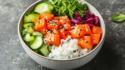 Fresh salmon bowl with rice, cucumber, and slaw