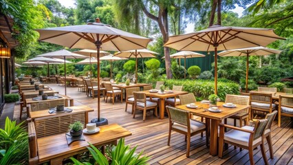 Serene garden dining with wooden tables and umbrellas amid lush greenery
