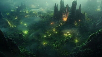 Fototapeta premium A lush fantasy battlefield with glowing forests and magical creatures.