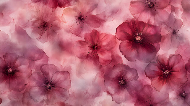 Seamless pattern background with watercolor burgundy flowers. Their soft petals blend into the background. Abstract floral background.