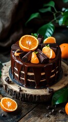 Chocolate layer cake with orange slices on wooden surface garnished with chocolate