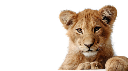 Obraz premium Young lion cub gazing curiously with a neutral background, showcasing its playful demeanor
