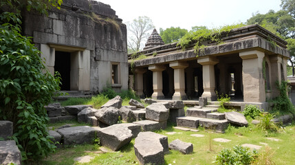 Ancient temple ruins with crumbling stones and overgrown vegetation, outdoors, temple, overgrowth