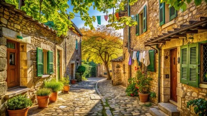 Fototapeta premium Sunlit Stone Alleyway with Rustic Buildings, Dappled Leaves, Laundry, and Potted Plants, Evoking Mediterranean Charm, Nostalgia, and Quiet Village Serenity