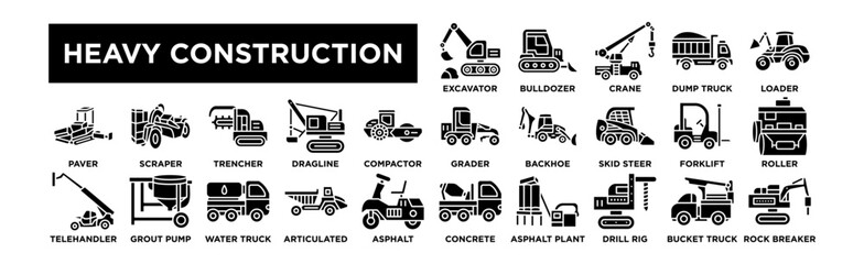 heavy equipment icon set. Editable Stroke Icon Collection. Excavator, Bulldozer, Crane, Dump truck, Loader