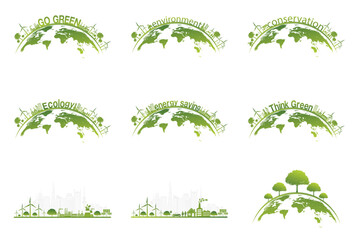 All set Ecology concept with green city on earth