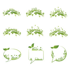 All set Ecology concept with green city on earth
