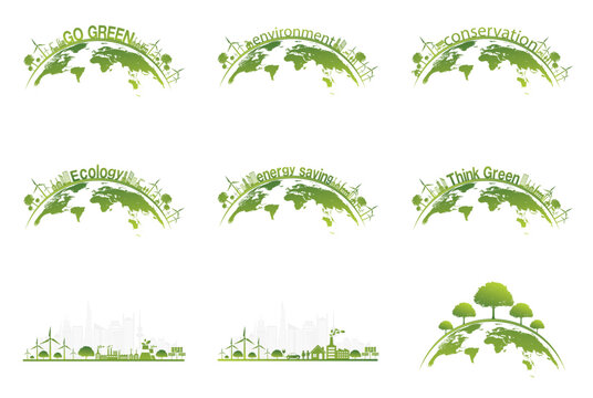 All set Ecology concept with green city on earth