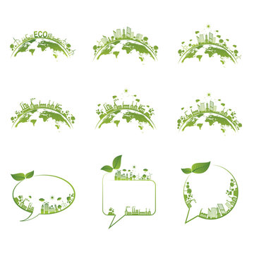 All set Ecology concept with green city on earth