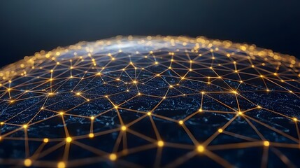 The image shows a stylized representation of the Earth's surface overlaid with a network of interconnected nodes, glowing with golden light against a dark blue background, suggesting global connectiv