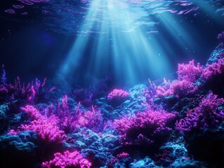 Fototapeta premium Underwater scene with coral reef and light beams