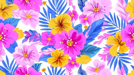 Vibrant Tropical Flower and Leaf Pattern