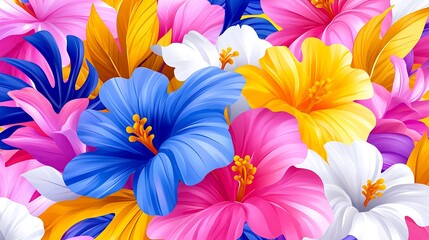 Vibrant Tropical Flower and Leaf Vector Pattern