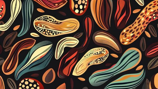 A contemporary geometric pattern showcasing various nuts and legumes, ideal for use in backgrounds, video or packaging designs. This stylish design combines shapes and colors.