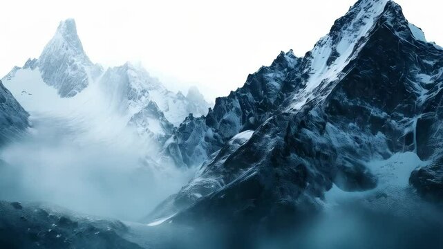 Majestic snow covered mountain peaks shrouded in mist and cloud create dramatic winter scenery, showcasing natural textures and serene atmosphere