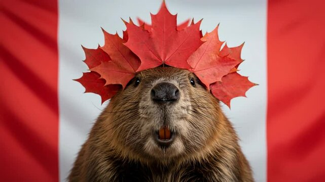 Funny beaver wearing red maple leaf crown looks at camera against waving Canadian flag background. Humorous patriotic animal portrait celebrating Canada Day holiday. National animal symbol video