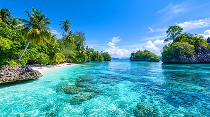 Vibrant Tropical Island Seascape with Clear Turquoise Waters and Lush Palm Trees