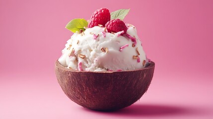 Coconut shell of ice cream with raspberries & almond flakes against pink backdrop