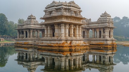 Obraz premium Majestic stone temple complex reflected in tranquil water.