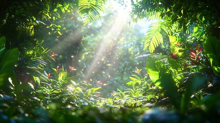 Vibrant Tropical Jungle with Sunlight Beams